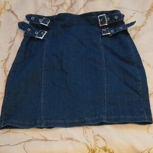 Classic Blue Women's Pencil Skirt with Buckle Accents
